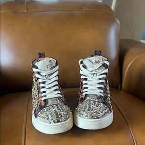 Steve Madden Studded Leopard-Print High Top Sneakers in Tan and White